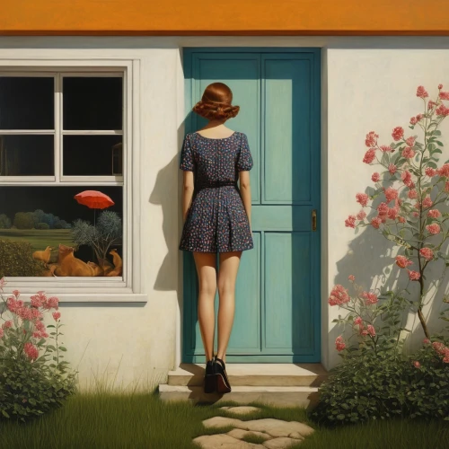 girl in the garden,heatherley,girl walking away,hopper,arrietty,girl in flowers,girl in the kitchen,blue door,retro girl,miniaturist,retro woman,girl picking flowers,world digital painting,house painting,ladybird,the threshold of the house,summer evening,vintage girl,photorealism,woman house,Photography,Documentary Photography,Documentary Photography 06