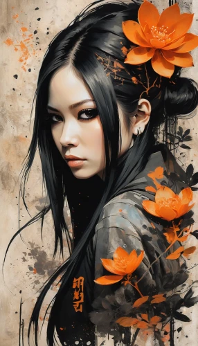 japanese art,geisha girl,japanese floral background,wenhao,geisha,orange petals,oriental girl,yufeng,tiger lily,girl in flowers,flower painting,mulan,hoshihananomia,arhats,xueying,orange rose,yimin,shunju,autumn flower,tigerlily,Conceptual Art,Fantasy,Fantasy 17