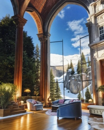 luxury home interior,transparent window,casa fuster hotel,mirror house,villa d'este,exterior mirror,villa balbianello,loggia,parabolic mirror,inside courtyard,3d rendering,glass roof,glass window,courtyard,luxury property,virtual landscape,home interior,mansion,living room,sky apartment