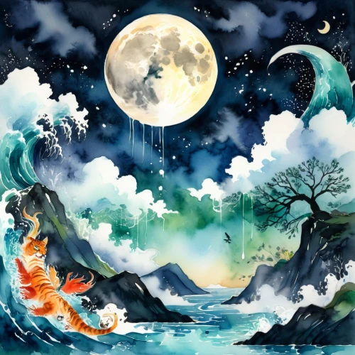 sea night,moonlit night,moon and star,mermaid background,mid-autumn festival,inuyasha,moon and star background,moonlit,okami,moonlight,amaterasu,moon night,moondragon,the moon and the stars,lune,moon and foliage,stars and moon,watercolor background,lunar landscape,sea landscape,Illustration,Paper based,Paper Based 25