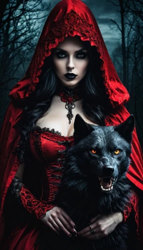 red riding hood,little red riding hood,gothic portrait,blackwolf,gothic woman,vampire woman,volturi,vampire lady,wiccan,black shepherd,oscura,oscuro,samhain,carmilla,wolfsangel,morgana,red coat,hecate,dark gothic mood,lady in red,Illustration,Realistic Fantasy,Realistic Fantasy 46