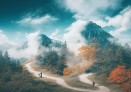 landscape background,the mystical path,fantasy landscape,photomanipulation,fantasy picture,mountain road,photo manipulation,autumn mountains,world digital painting,fall from the clouds,mountain scene,hiking path,nature background,mountain landscape,landscapes,autumn landscape,nature landscape,hossein,autumn fog,the path,Photography,Artistic Photography,Artistic Photography 07