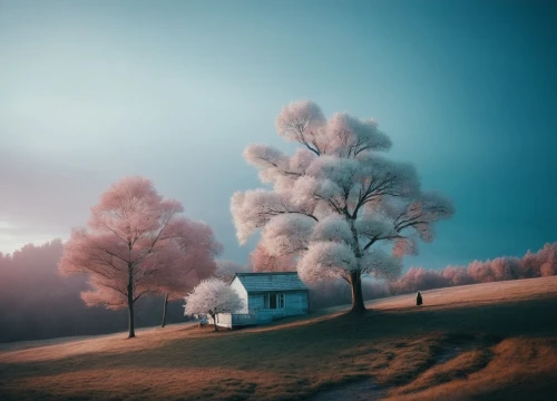 lonely house,isolated tree,home landscape,landscape background,lone tree,little house,nature landscape,summer cottage,cottage,landscape nature,winter house,rural landscape,winter tree,small house,cherry tree,beautiful landscape,paysage,foggy landscape,landscapes beautiful,lilac tree,Photography,Artistic Photography,Artistic Photography 12