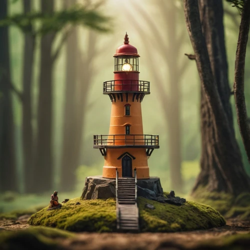 lighthouse,electric lighthouse,red lighthouse,lighthouses,petit minou lighthouse,light house,miniature house,fairy house,fairy chimney,phare,tiny world,3d render,microworlds,lightkeeper,world digital painting,3d fantasy,light station,treehouses,tree house,an island far away landscape,Photography,General,Cinematic