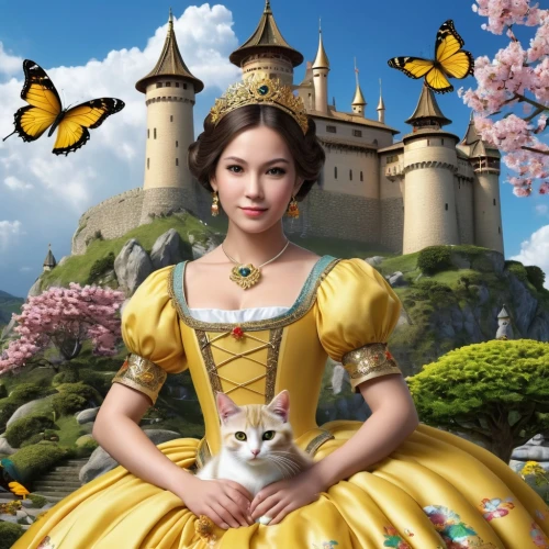 fantasy picture,fairy tale character,princess sofia,fairy tale,belle,a fairy tale,prinzessin,fantasy art,fantasyland,storybook character,fairy tale icons,cinderella,fairytale characters,fantasy world,fantasy portrait,3d fantasy,butterfly background,imaginasian,fairy tale castle,yellow rose background,Photography,General,Realistic