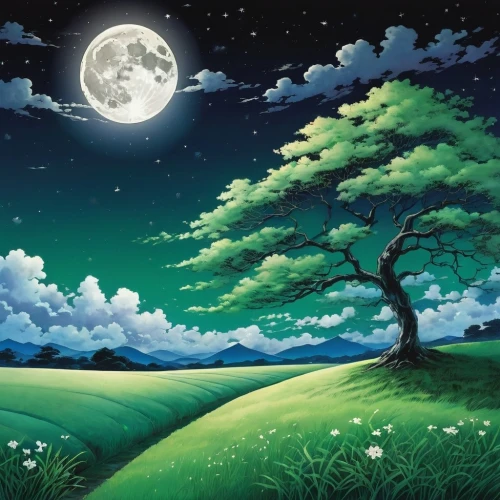 moonlit night,moon and star background,lunar landscape,moon and foliage,moonlit,moon night,hanging moon,moonlighted,landscape background,lune,moonbeams,moon,night scene,full moon,moon at night,dreamscapes,the moon,cartoon video game background,blue moon,nature background,Illustration,Japanese style,Japanese Style 04
