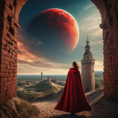 red cape,fantasy picture,red tunic,red coat,red riding hood,photo manipulation,lunar eclipse,gallifrey,photomanipulation,red planet,fantasy art,redcoat,red sun,arrakis,barsoom,man in red dress,redwall,red gown,photoshop manipulation,little red riding hood,Photography,General,Fantasy