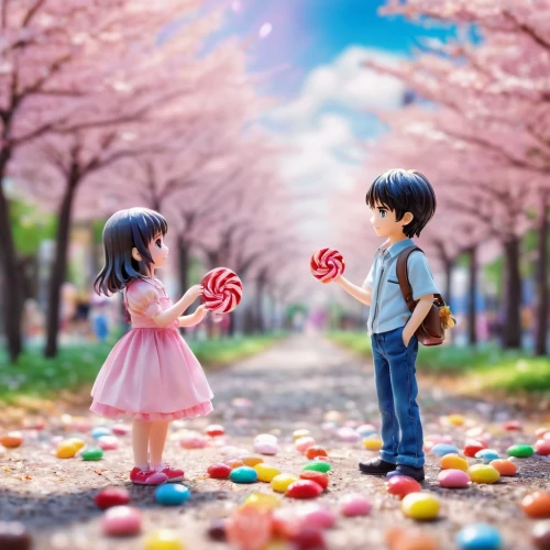 cute cartoon image,hanami,the cherry blossoms,cherry trees,romantic scene,flower background,candies,japanese sakura background,heart candies,cherry blossoms,girl and boy outdoor,for you,valentine day,propose,arefin,little boy and girl,cherry blossom,spring background,autumn cherry blossoms,cherry petals,Unique,3D,Panoramic
