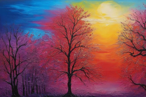 oil painting on canvas,winter landscape,art painting,forest landscape,colorful tree of life,twilight,autumn landscape,purple landscape,colorful light,landscape background,oil painting,painted tree,dreamscape,nature landscape,oil on canvas,harmony of color,colorful background,dreamscapes,landscape nature,winter background,Illustration,Realistic Fantasy,Realistic Fantasy 25