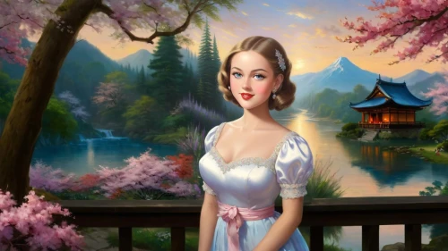 japanese sakura background,fantasy picture,hanfu,world digital painting,landscape background,jasmine blossom,sakura background,fairy tale character,hanbok,qibao,cheongsam,the cherry blossoms,springtime background,mikimoto,oriental painting,diaochan,ao dai,kunqu,spring background,oriental princess