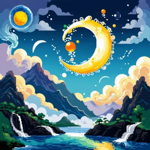 sun moon,moon and star background,sun and moon,moons,lunar landscape,cartoon video game background,fantasy landscape,starry night,moon and star,dreamscape,dreamscapes,sunquest,crescent moon,landscape background,world digital painting,goldmoon,moon addicted,dream world,hanging moon,stars and moon,Unique,Pixel,Pixel 02