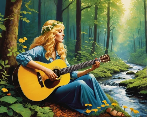 the blonde in the river,woman playing,galadriel,serenade,jessamine,tuatha,troubadour,fantasy picture,folksinger,folksong,songful,strumming,girl in flowers,melodious,glorfindel,chipko,folk music,troubador,folksongs,forest background,Conceptual Art,Fantasy,Fantasy 04