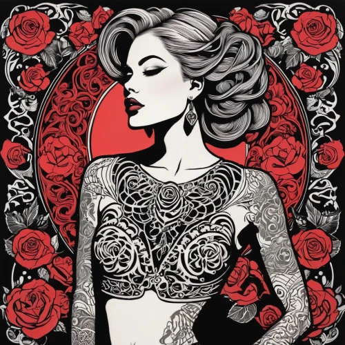 rosson,allred,baroness,faile,red rose,fujiko,red roses,rose flower illustration,flamenca,countess,art deco woman,roses,flamenco,valentine pin up,audigier,pop art style,scent of roses,black rose,damask,hip rose,Illustration,Black and White,Black and White 19