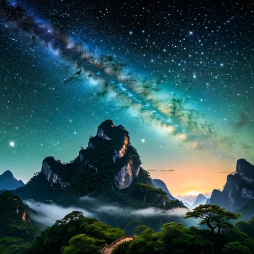 fantasy landscape,fantasy picture,moon and star background,landscape background,the milky way,milky way,star sky,starry sky,the night sky,night sky,starry night,starscape,world digital painting,nature background,huangshan,night stars,crayon background,beautiful wallpaper,colorful stars,mountainous landscape,Illustration,Abstract Fantasy,Abstract Fantasy 02