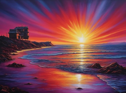 coast sunset,oil painting on canvas,coastal landscape,art painting,tramonto,fantasy picture,seascape,oil painting,fantasy art,amanecer,windows wallpaper,sunset beach,eventide,fantasy landscape,beach landscape,morning illusion,landscape background,unset,dreamscape,welin,Illustration,Realistic Fantasy,Realistic Fantasy 25
