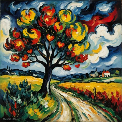 painted tree,vlaminck,fall landscape,cezanne,autumn landscape,autumn tree,guillaumin,colorful tree of life,pechstein,fauvism,tangerine tree,orange tree,postimpressionist,autumn trees,fruit tree,autumn icon,fruit fields,autuori,david bates,mousseau,Art,Artistic Painting,Artistic Painting 37