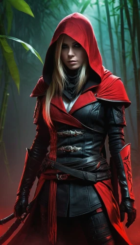 red riding hood,little red riding hood,red coat,redcoat,female warrior,assassin,swordswoman,huntress,auditore,woolfe,red tunic,red,branwen,red cape,elric,derivable,elektra,seregil,red background,morgause,Conceptual Art,Fantasy,Fantasy 17