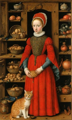 netherlandish,girl with bread-and-butter,girl in the kitchen,catesby,tudor,cranach,woman holding pie,elizabeth i,miniaturist,catroux,cat european,pinturicchio,red tabby,petrina,ginger cat,elizabethan,cucina,bellini,foodmaker,nelisse
