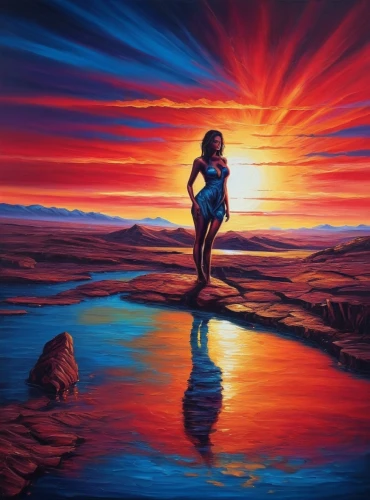 oil painting on canvas,neon body painting,art painting,oil painting,glass painting,colorful background,dubbeldam,bodypainting,fantasy picture,landscape background,riverdance,girl on the river,morning illusion,oil on canvas,sun reflection,dream art,lake of fire,sundancer,dreamscape,fantasy art,Illustration,Realistic Fantasy,Realistic Fantasy 25