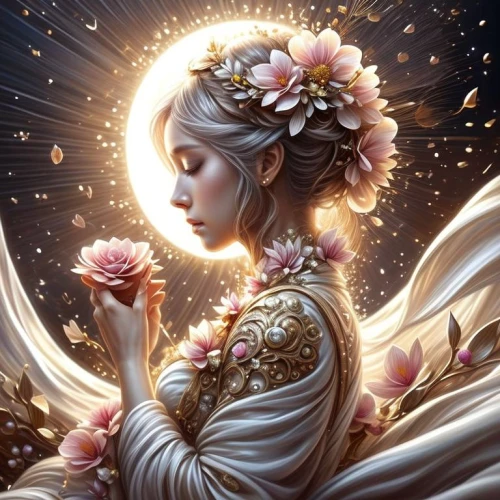 flower fairy,faery,baroque angel,fairie,faerie,flowers celestial,elven flower,fairy queen,white rose snow queen,mystical portrait of a girl,rosa 'the fairy,persephone,seraphim,cosmic flower,imbolc,diwata,ostara,moonflower,angel,the angel with the veronica veil