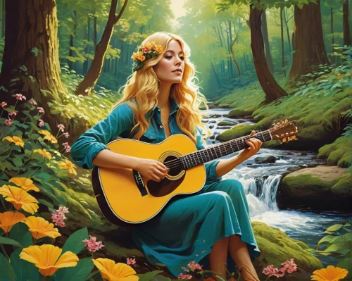 the blonde in the river,fairuz,woman playing,troubadour,girl in flowers,habanera,guitar,serenade,strumming,blossman,ophelia,troubador,songstress,songful,folksinger,jessamine,fantasy picture,classical guitar,musician,melodious,Conceptual Art,Fantasy,Fantasy 04