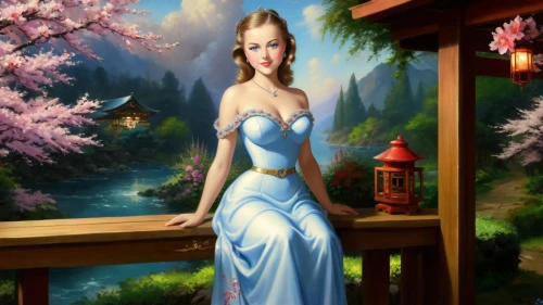 girl in a long dress,cheongsam,fantasy picture,yuanji,jasmine blue,portrait background,fairy tale character,spring background,fantasy art,guqin,blue enchantress,fantasy portrait,margaery,springtime background,japanese sakura background,blue rose,evening dress,oriental princess,oriental painting,landscape background