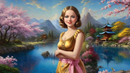 oriental princess,oriental painting,fantasy picture,oriental girl,landscape background,qixi,japanese sakura background,fantasy art,shannxi,oriental,spring background,springtime background,godward,qimin,tretchikoff,songling,dossi,the cherry blossoms,yiping,golden lotus flowers