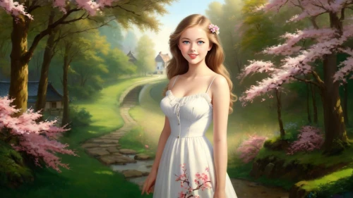 girl in a long dress,spring background,springtime background,girl in flowers,margaery,faerie,fantasy picture,girl in the garden,margairaz,aerith,forest background,girl with tree,celtic woman,japanese sakura background,fairy forest,landscape background,tuatha,dryads,galadriel,fairy tale character