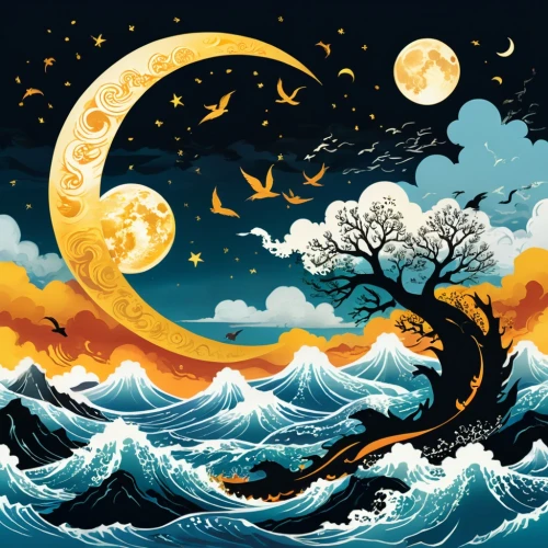 sea night,sea landscape,ocean background,the great wave off kanagawa,motif,the wind from the sea,background vector,the night of kupala,ocean waves,cool woodblock images,coastal landscape,mid-autumn festival,sea fantasy,lunar landscape,moon and star background,tropical sea,tides,seascape,crescent moon,seashores,Unique,Design,Sticker