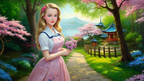 girl in the garden,spring background,springtime background,fantasy picture,fairy tale character,japanese sakura background,girl in flowers,girl picking flowers,landscape background,children's background,hanbok,sakura background,splendor of flowers,storybook character,anarkali,girl with tree,spring greeting,world digital painting,spring morning,flower garden