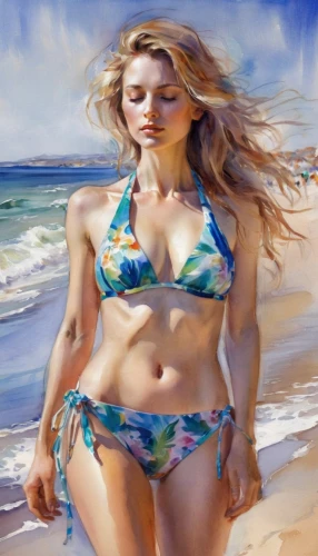 beach background,fischl,world digital painting,oil painting,photo painting,donsky,female swimmer,photorealist,airbrush,art painting,airbrushing,bodypainting,beachgoer,photoshop manipulation,swimmer,blonde woman,oil painting on canvas,beach landscape,watercolor women accessory,female model,Illustration,Paper based,Paper Based 11