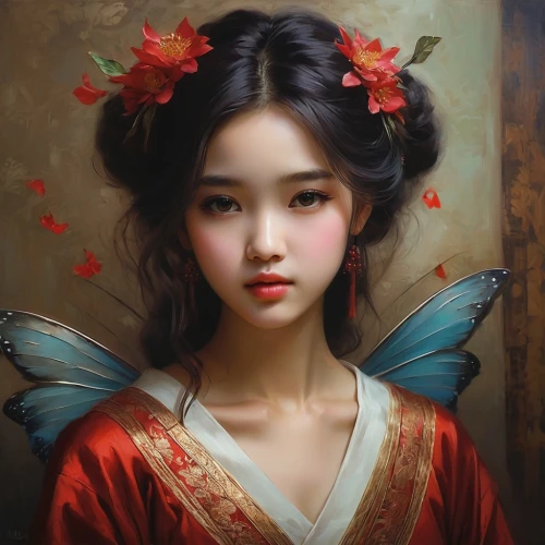 red butterfly,geisha girl,flower fairy,little girl fairy,oriental girl,oriental princess,geisha,youliang,yanzhao,mystical portrait of a girl,faerie,japanese art,jianying,hanbok,fairy,jianxing,sizhao,faery,zuoying,xueying,Conceptual Art,Oil color,Oil Color 11