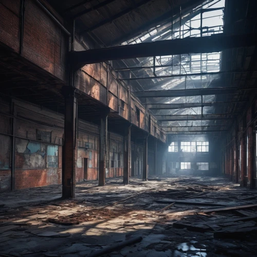 empty factory,abandoned factory,industrial hall,factory hall,fabrik,old factory,warehouses,warehouse,industrial ruin,old factory building,waggonfabrik,factories,empty interior,industrial landscape,brownfield,derelict,tannery,cryengine,industrial building,manufactory,Illustration,Retro,Retro 10