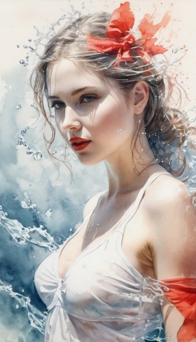 the sea maid,water rose,image manipulation,girl on the river,watercolor women accessory,world digital painting,watery heart,photo painting,mermaid background,fantasy art,amphitrite,riverdance,ariadne,behenna,flowing water,persephone,margaery,watercolor background,ofelia,white rose snow queen,Illustration,Black and White,Black and White 30