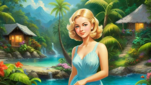 the blonde in the river,mermaid background,tinkerbell,elsa,janna,fantasy picture,landscape background,amazonica,blue jasmine,fairy tale character,girl on the river,summer background,hula,kovalam,rosalina,pin-up girl,children's background,hawaiiana,tropico,retro pin up girl