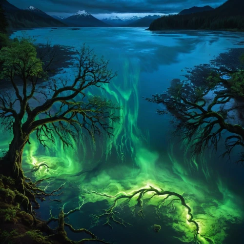 acid lake,fantasy landscape,green aurora,auroras,emerald sea,bioluminescent,fjord,volcanic lake,underwater landscape,phytoplankton,green water,fantasy picture,green trees with water,swamps,aurorae,glow in the dark paint,moss landscape,bioluminescence,eutrophication,patrol,Conceptual Art,Fantasy,Fantasy 30
