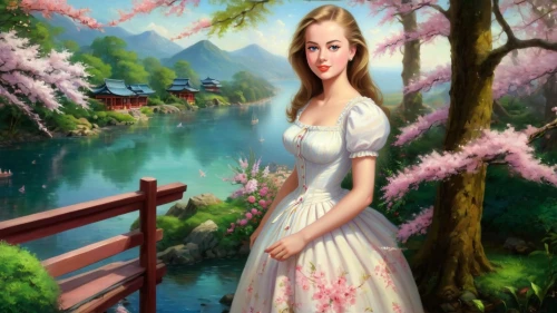 landscape background,springtime background,japanese sakura background,spring background,the cherry blossoms,girl on the river,girl in flowers,photo painting,fantasy picture,cherry blossoms,anarkali,flower painting,girl in the garden,girl in a long dress,guqin,oriental painting,girl picking flowers,fairy tale character,portrait background,girl with tree
