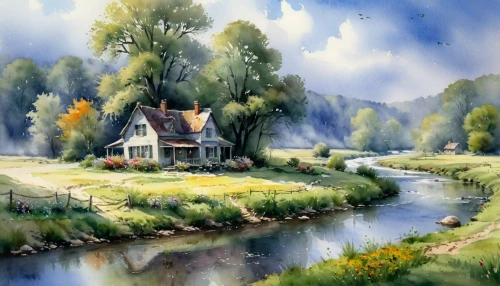 home landscape,watercolor background,landscape background,meadow landscape,summer cottage,cottage,rural landscape,watermill,river landscape,watercolor,fisherman's house,water mill,country cottage,nature landscape,house with lake,autumn landscape,watercolor painting,lonely house,landscape nature,house in the forest,Conceptual Art,Oil color,Oil Color 03