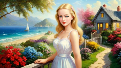 landscape background,fantasy picture,art painting,girl in the garden,photo painting,fantasy art,world digital painting,lachapelle,blonde woman,galadriel,home landscape,creative background,woman house,splendor of flowers,girl in flowers,romantic look,romantic portrait,children's background,springtime background,woman with ice-cream