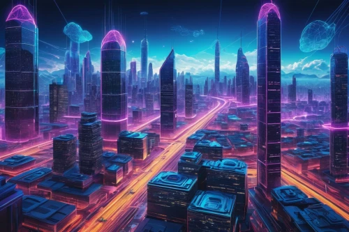 cybercity,futuristic landscape,cybertown,metropolis,fantasy city,cyberworld,cyberia,futuristic,coruscant,cyberpunk,cityscape,microdistrict,cyberscene,cyberport,tron,colorful city,futuregen,capcities,cities,cityzen,Illustration,Retro,Retro 14