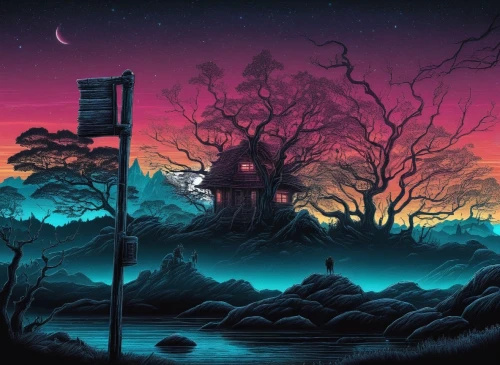 lonely house,house silhouette,witch's house,halloween background,witch house,houses silhouette,night scene,halloween scene,halloween wallpaper,halloween poster,the haunted house,dusk,oscura,haunted house,halloween illustration,house in the forest,castlevania,dusk background,house with lake,ozark,Illustration,Realistic Fantasy,Realistic Fantasy 25