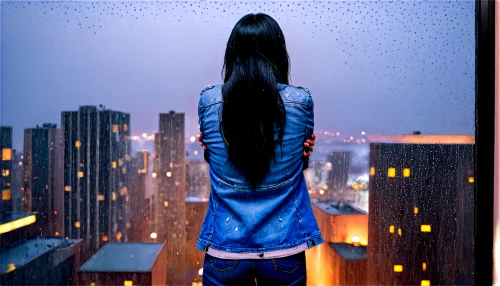 girl walking away,superhero background,pelo,girl in a long,rooftops,city lights,woman silhouette,jeans background,giantess,vertigo,girl from the back,girl praying,on the roof,woman thinking,city ​​portrait,girl from behind,blue rain,denim background,photo manipulation,city view,Illustration,American Style,American Style 12