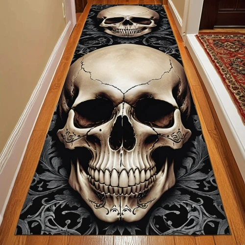 skull rowing,dining room table,entryway,halloween border,skull sculpture,3d art,wall decoration,skull drawing,conference table,patterned wood decoration,halloween decor,boho skull,skulls,skull racing,banisters,wall decor,skull bones,hallway,creepy doorway,the threshold of the house,Photography,General,Realistic