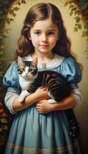 children's background,calico cat,little boy and girl,tretchikoff,cat image,duchesse,the little girl,doll cat,toxoplasmosis,cat lovers,girl with cereal bowl,moppet,kittu,kisling,catechetical,maidservant,little girl and mother,young girl,little girl,portrait background,Illustration,Realistic Fantasy,Realistic Fantasy 26