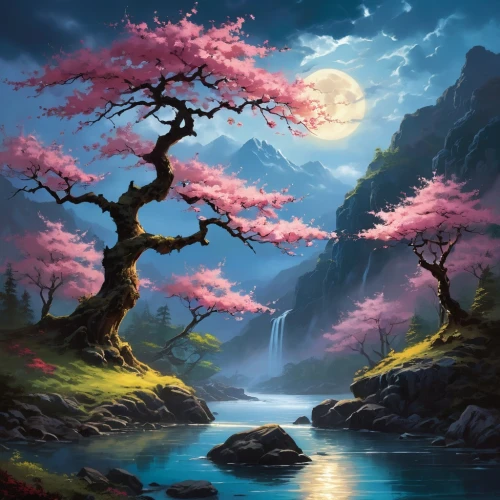 fantasy landscape,landscape background,fantasy picture,japanese sakura background,cherry blossom tree,blossom tree,nature background,nature wallpaper,sakura tree,the japanese tree,magic tree,nature landscape,sakura trees,cherry trees,world digital painting,fairy forest,purple landscape,cherry tree,colorful tree of life,beautiful landscape,Photography,General,Realistic