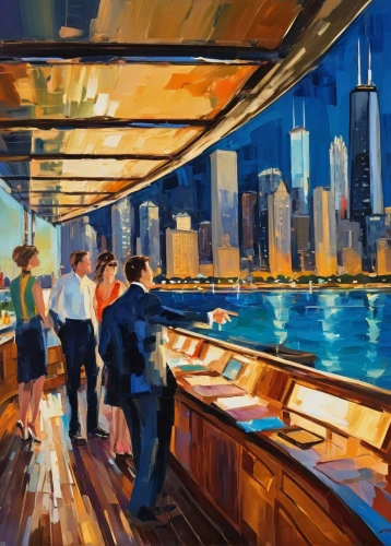 metra,commuters,aboard,on a yacht,water taxi,jasinski,cruises,taxi boat,ferryboat,embarkation,boat society,ferry boat,seabus,ferryboats,cruise ship,marinsky,azamara,nighthawks,chicago,chartering,Conceptual Art,Oil color,Oil Color 20