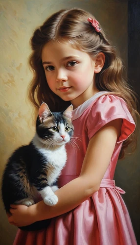 oil painting,kisling,calico cat,oil painting on canvas,young girl,little boy and girl,photorealist,art painting,pittura,the little girl,dossi,romantic portrait,little girl in pink dress,girl with dog,little girl,gekas,children's background,pintura,girl with cereal bowl,donsky,Illustration,Realistic Fantasy,Realistic Fantasy 26