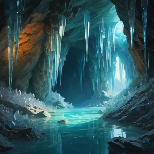 ice cave,blue cave,icewind,blue caves,ice landscape,the blue caves,caverns,icefalls,cave on the water,ice castle,ice planet,cavern,cavernosum,icefall,cave,underdark,glacial melt,the glacier,caves,icesheets,Illustration,Realistic Fantasy,Realistic Fantasy 28