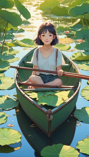 lily pad,canoeing,paper boat,canoed,girl on the boat,arrietty,canoe,rowboat,little boat,pedalo,coracle,row boat,boat landscape,raft,waterlily,boat,lily pond,afloat,lily pads,canoer,Illustration,Realistic Fantasy,Realistic Fantasy 12