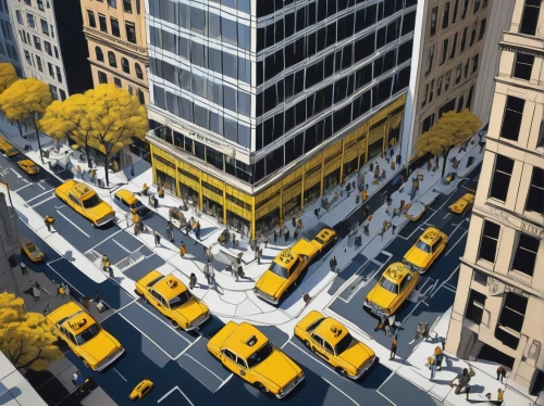 taxicabs,new york taxi,yellow taxi,3d rendering,taxicab,flatiron building,flatiron,city blocks,taxi cab,taxis,cityscapes,telecommuters,paved square,pedestrianized,streetscapes,city scape,schoolbuses,cabs,tilt shift,walkable,Illustration,American Style,American Style 09